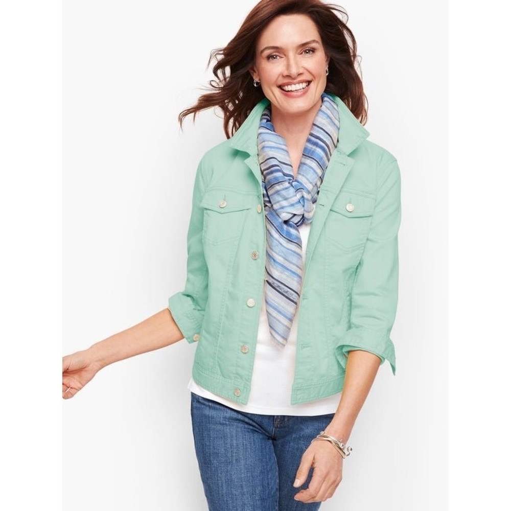 Talbots Classic Jean Jacket XL Mint Green Pastel Preppy Travel Coastal Vacation